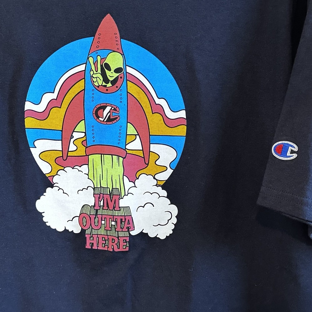 Champion Graphic T-Shirt Mens Large Navy Blue Alien Rocket I'm Outta Here GT19T‎